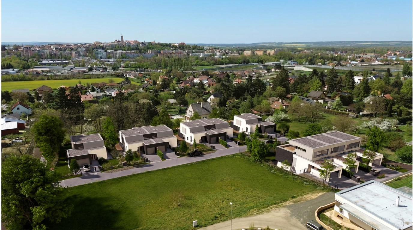 Letecký pohled na projekt Neuberské Stráně s vyznačením služeb v okolí